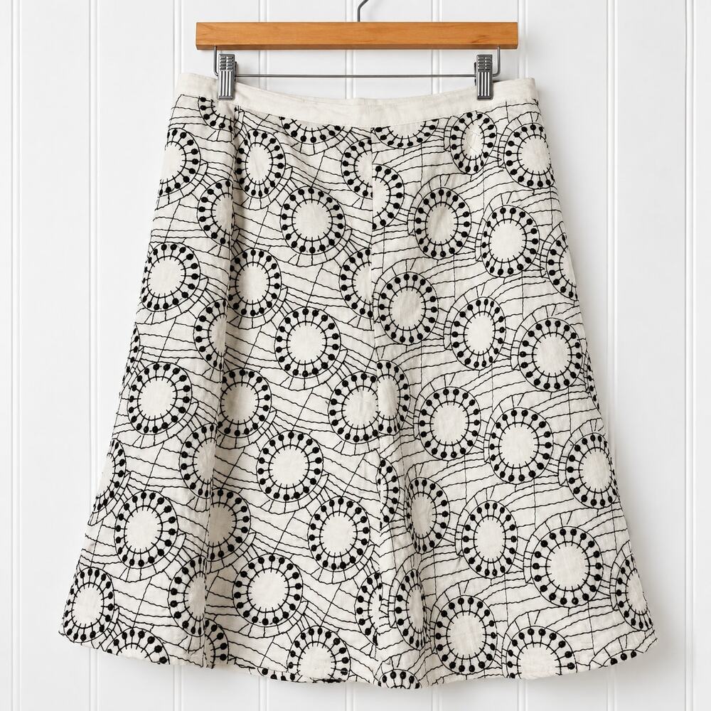Richard Malcolm Linen Blend Skirt Womens 10 White Black Embroidered A Line